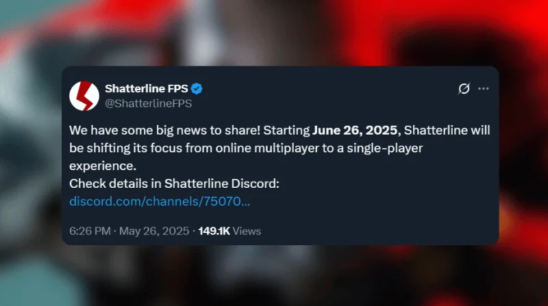 《Shatterline》6月起终止在线多人模式，全面转型单人游戏体验