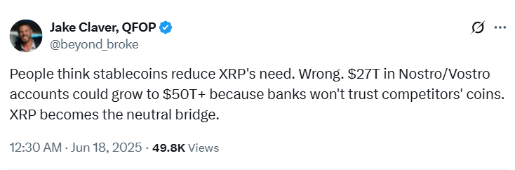 DAG总监：XRP在稳定币竞争中仍具不可替代的重要性