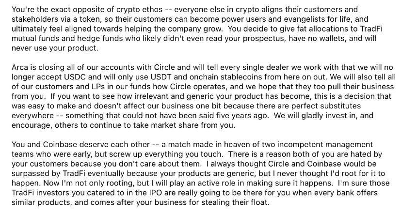Arca 在 IPO 和纽约证券交易所上市后向 Circle 致以“最良好的祝愿”:“祝你成功”