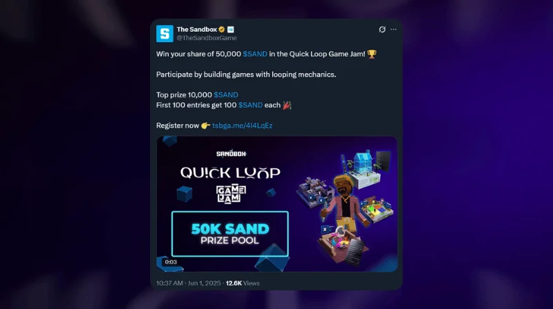 The Sandbox 推出 Quick Loop Game Jam，提供 5 万 SAND 奖励